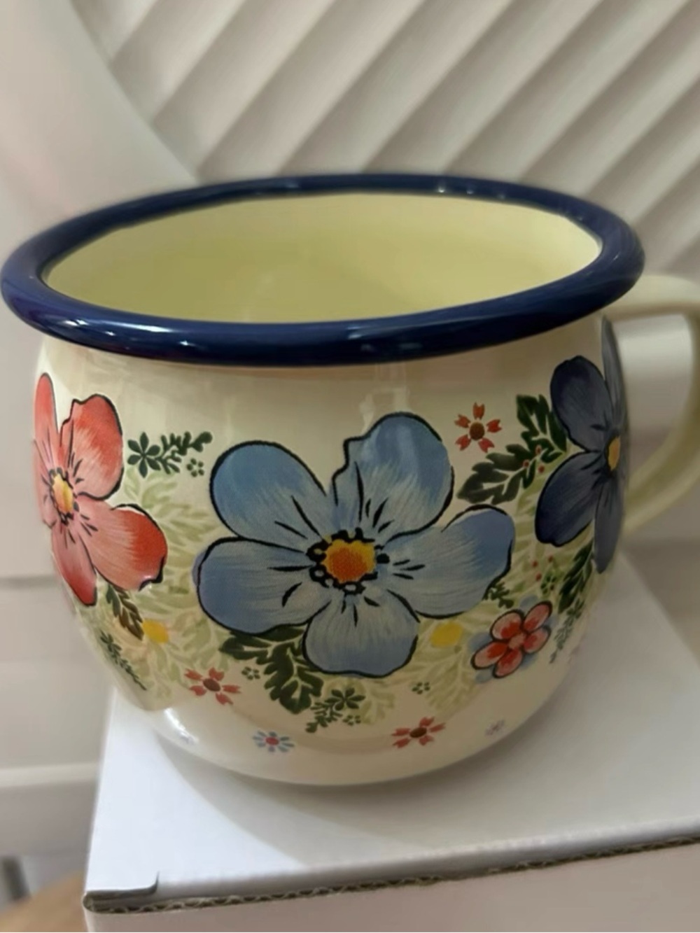 Hand-Painted Floral Ceramic Mug in Blue and Cream - Unbranded